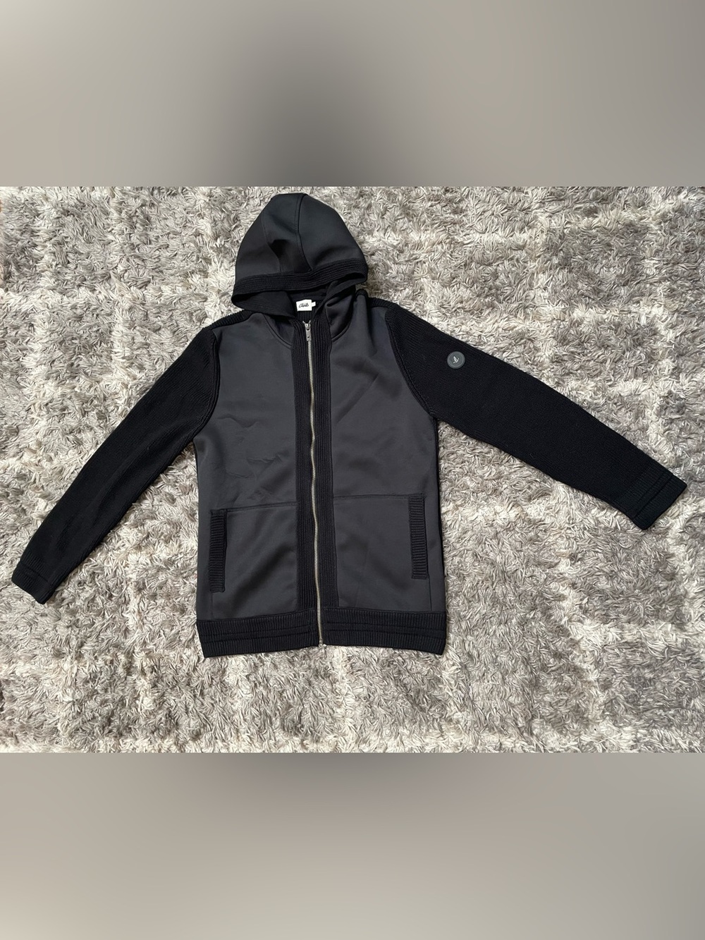 Beymen Club Men's Mixed Media Rib-Knit Full-Zip Hooded Jacket Black Size L